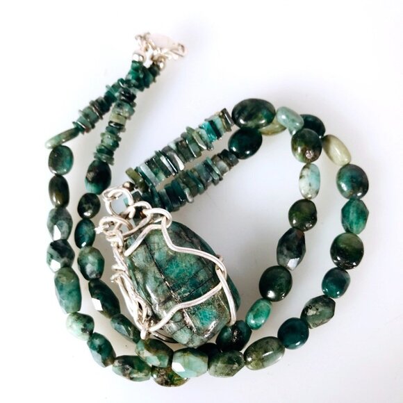 Genuine Emerald Gemstone Sterling Silver Necklace Pendant Wire Wrapped Natural - Picture 4 of 11
